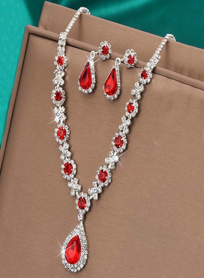 Unicra Crystal Bridal Wedding Jewelry Set Silver Rhinestone Necklace Earrings Bracelet Sets Formal Costume Jewelry for Women and Brides (A-Red Necklace Earrings) - Image 4