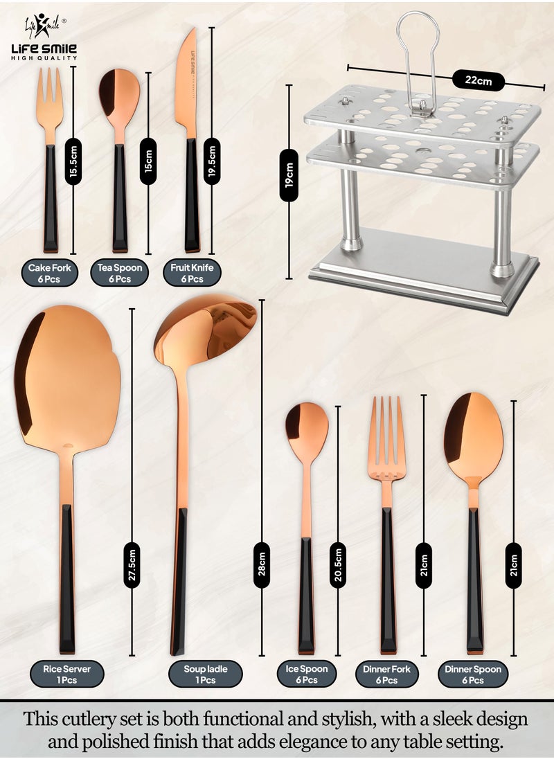 Life Smile Cutlery Set 38-Piece 18&10 Stainless Steel Spoon Set - Knife and Forks with cutlery holder Tea & Ice Spoons Dinner & Cake Fork - Fruit Knife - Soup ladle - Rice Server - Service for 6  - Image 3
