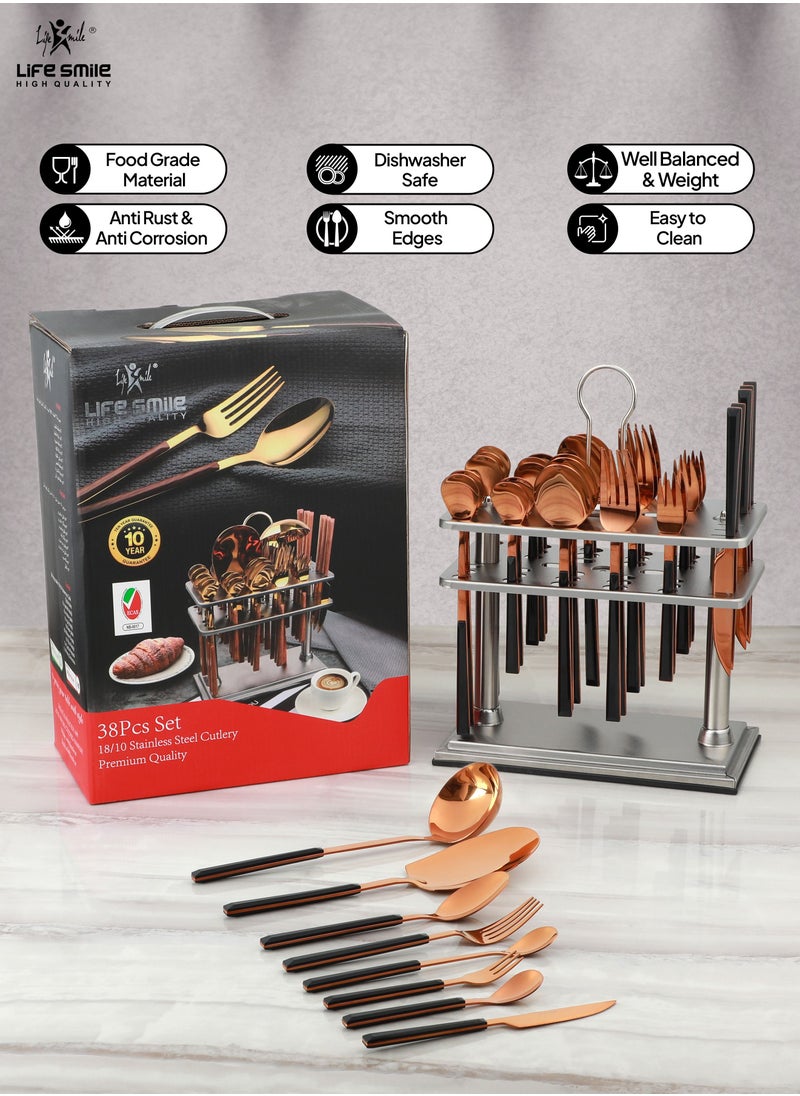 Life Smile Cutlery Set 38-Piece 18&10 Stainless Steel Spoon Set - Knife and Forks with cutlery holder Tea & Ice Spoons Dinner & Cake Fork - Fruit Knife - Soup ladle - Rice Server - Service for 6  - Image 5