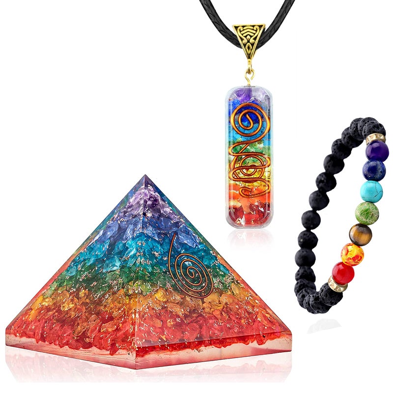 ZENFULSTONE 3 in 1 Orgone Pyramid for E-Energy Protection & Healing- meditation orgonite pyramids with Pendant and Bracelet set/crystal chakra set (7 Chakra Medium)  - Image 1