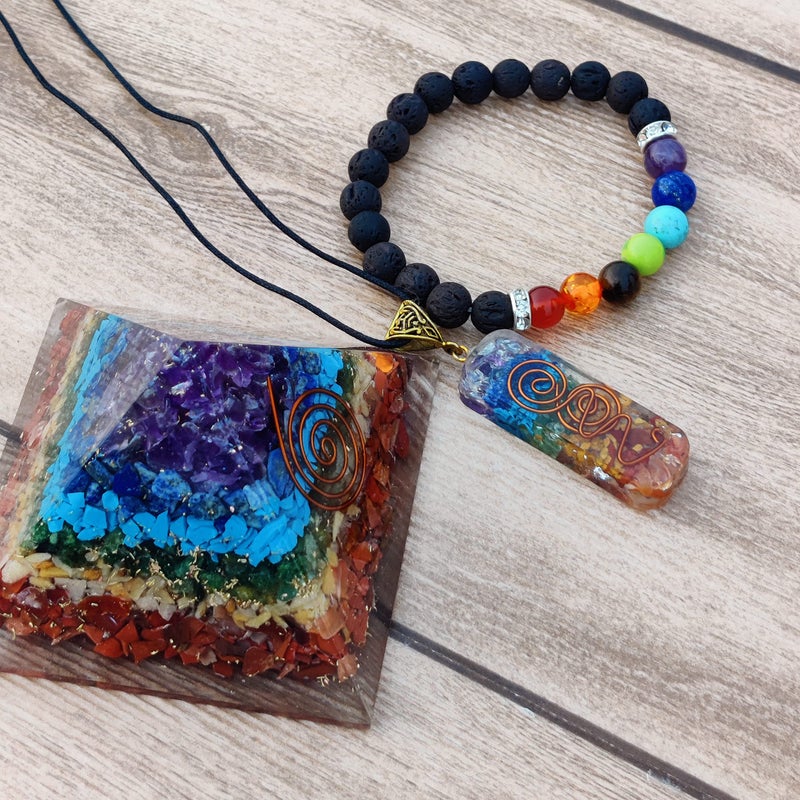 ZENFULSTONE 3 in 1 Orgone Pyramid for E-Energy Protection & Healing- meditation orgonite pyramids with Pendant and Bracelet set/crystal chakra set (7 Chakra Medium)  - Image 4