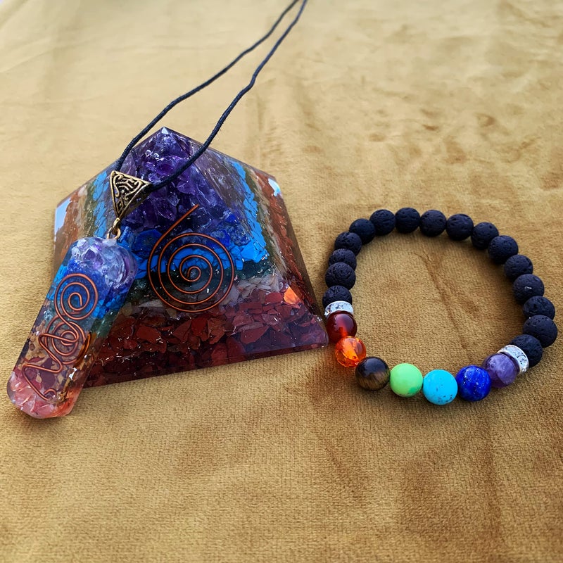 3 in 1 Orgone Pyramid for E-Energy Protection & Healing- meditation orgonite pyramids with Pendant and Bracelet set/crystal chakra set (7 Chakra Medium)