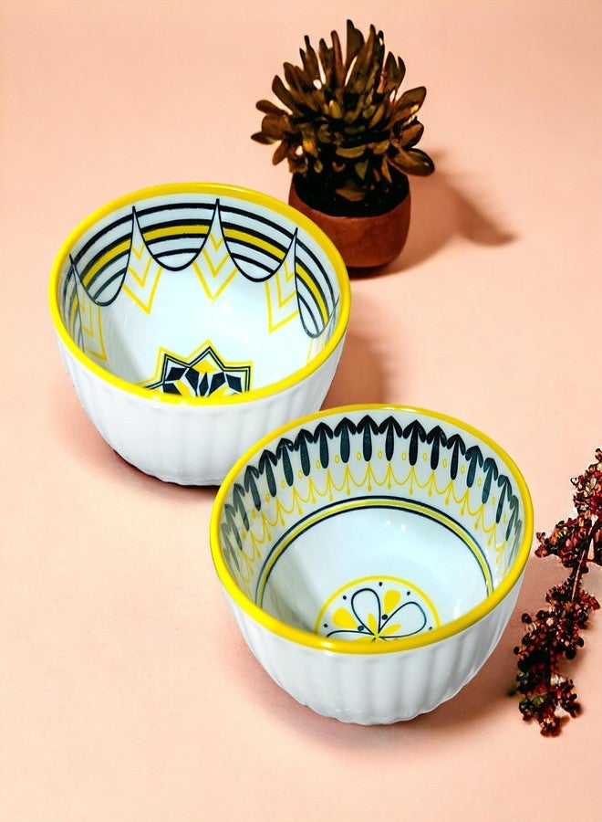 Lemon Tree Microwave Safe and Dishwasher Safe, 300 ML Ceramic Snack Bowls Set of 2 for Serving Vegetable, Dal, Maggi, Cereal, Salad Bowl, Bowl for Snacks (Yellow & Dark Green & White) - Image 1