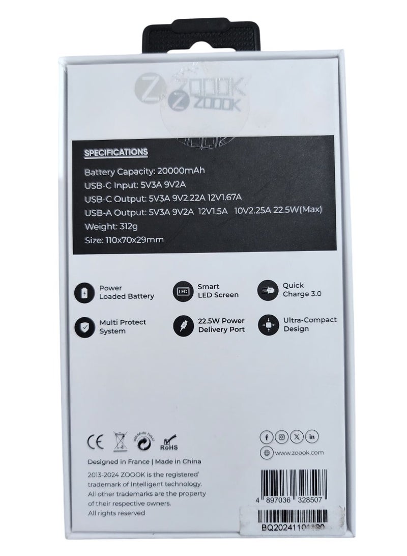 ZOOOK Speedo 20 Ultra Compact Power Bank 20000mAh – 22.5W Super Fast Charging, Dual USB Output, LED Display – Black - Image 3