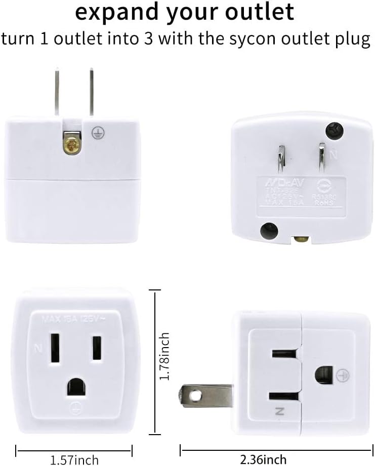 SYCON Adapter Outlet Extender, 2-Prong to 3-Prong Mini Wall Plug, Multi Outlet Splitter with 3 Outlets - Image 2