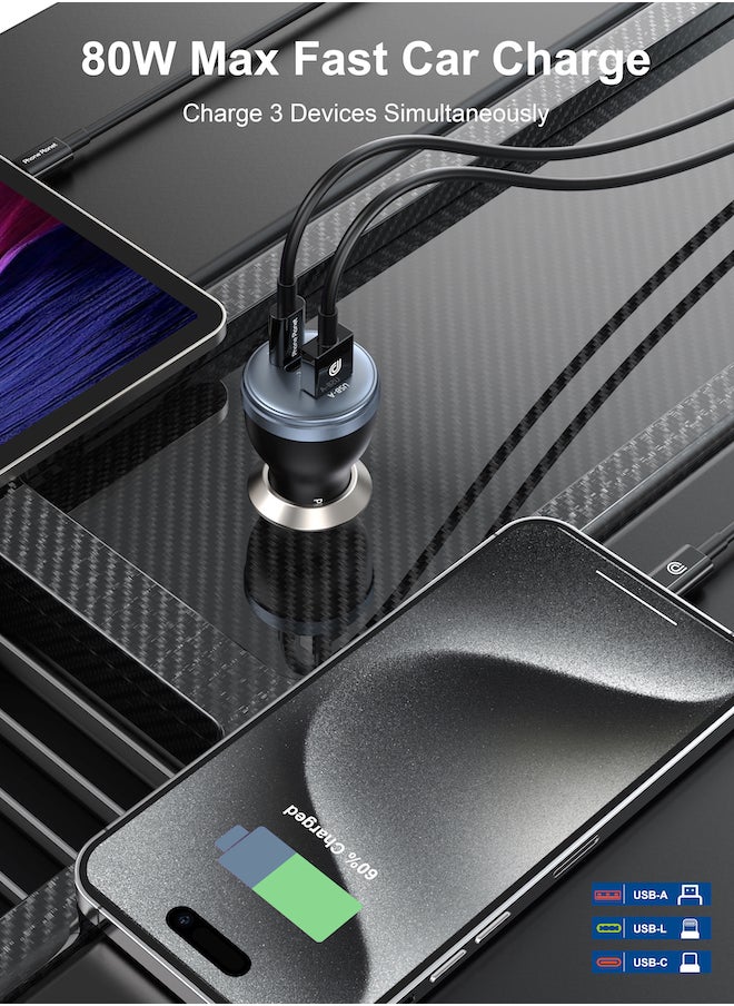 USB C Car Charger, Compatible With Apple 80 Watt Fast USB Car Charger Plug with PD&QC 3.0 Multi Port Compatible with iPhone