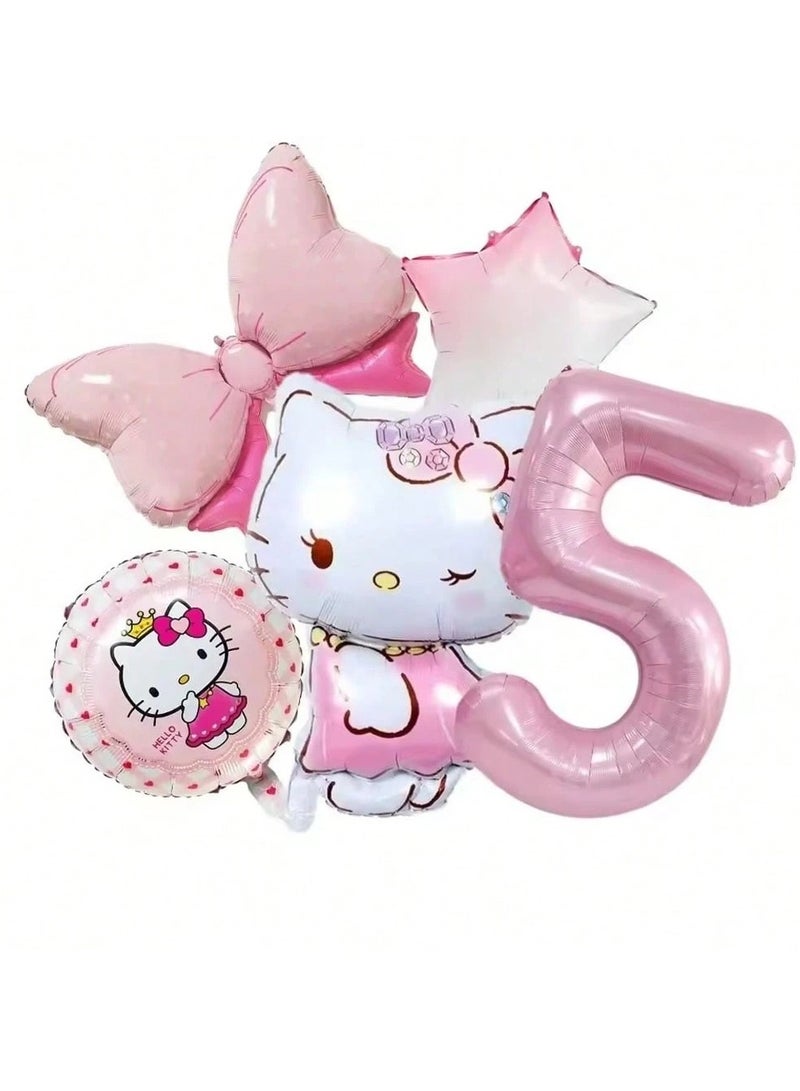 بالونات اعياد ميلاد مجموعه من 4 بالونات مصممه بشخصية هيلو كيتي و بالون رقم 5 باللون الوردي - Image 1