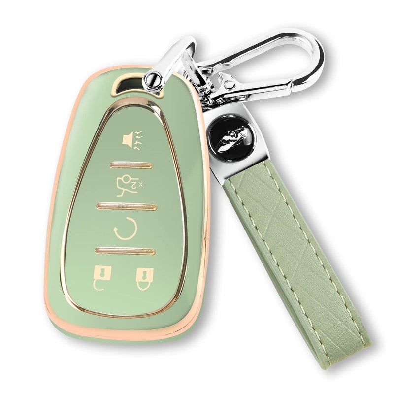 QBUC for Chevy Key Fob Cover with Keychain TPU Protector Suitable for Chevrolet Equinox Malibu Traverse Blazer Camaro Impala Cruze Volt Bolt Sonic Trax Tahoe Key Shell Remote HolderGreen