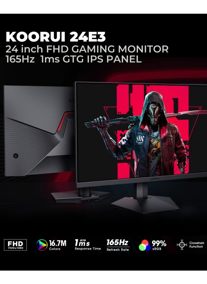 KOORUI - 24 FHD IPS Gaming Monitor, Ultra Slim Frame, 165Hz Refresh Rate, 1ms Response Time, 99% sRGB, FreeSync (G-Sync Compatible) VESA Mountable, HDMI / DisplayPort, Black | 24E3 - Image 1
