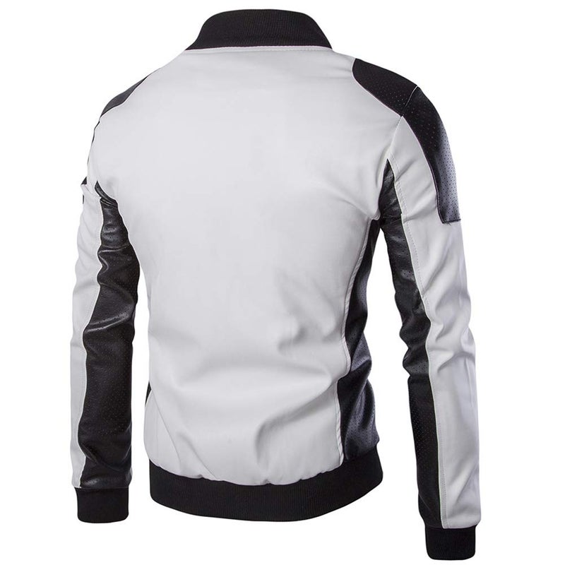 AOWOFS Men's PU Faux Leather Jacket White Black Moto Bomber Fashion Slim Fit Coat (X-Small, White) - Image 2