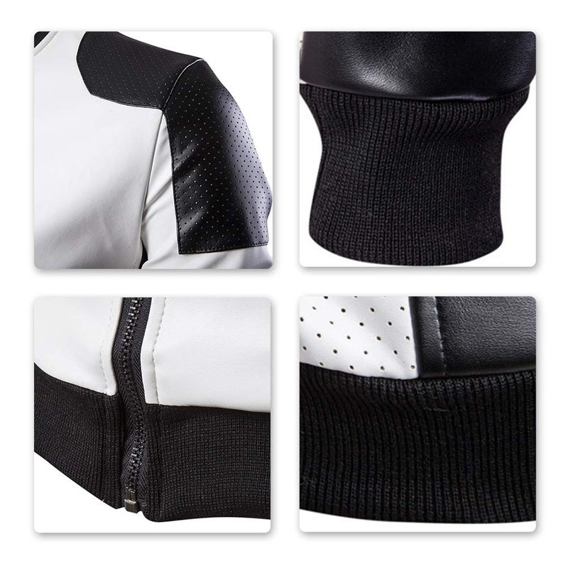 AOWOFS Men's PU Faux Leather Jacket White Black Moto Bomber Fashion Slim Fit Coat (X-Small, White) - Image 4
