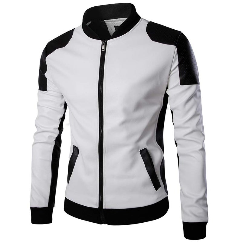 AOWOFS Men's PU Faux Leather Jacket White Black Moto Bomber Fashion Slim Fit Coat (X-Small, White) - Image 1