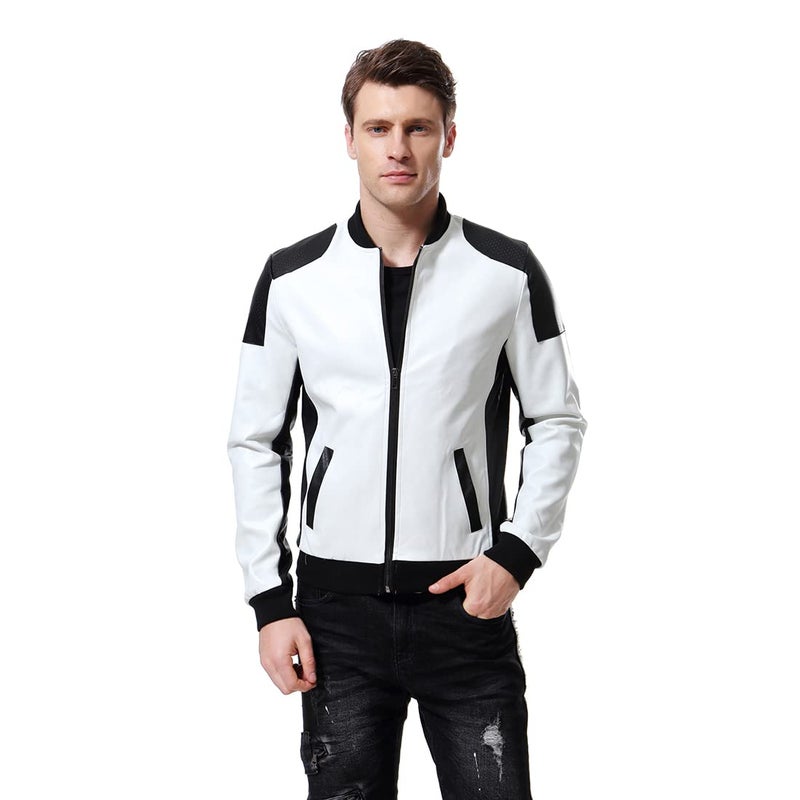 AOWOFS Men's PU Faux Leather Jacket White Black Moto Bomber Fashion Slim Fit Coat (X-Small, White) - Image 5