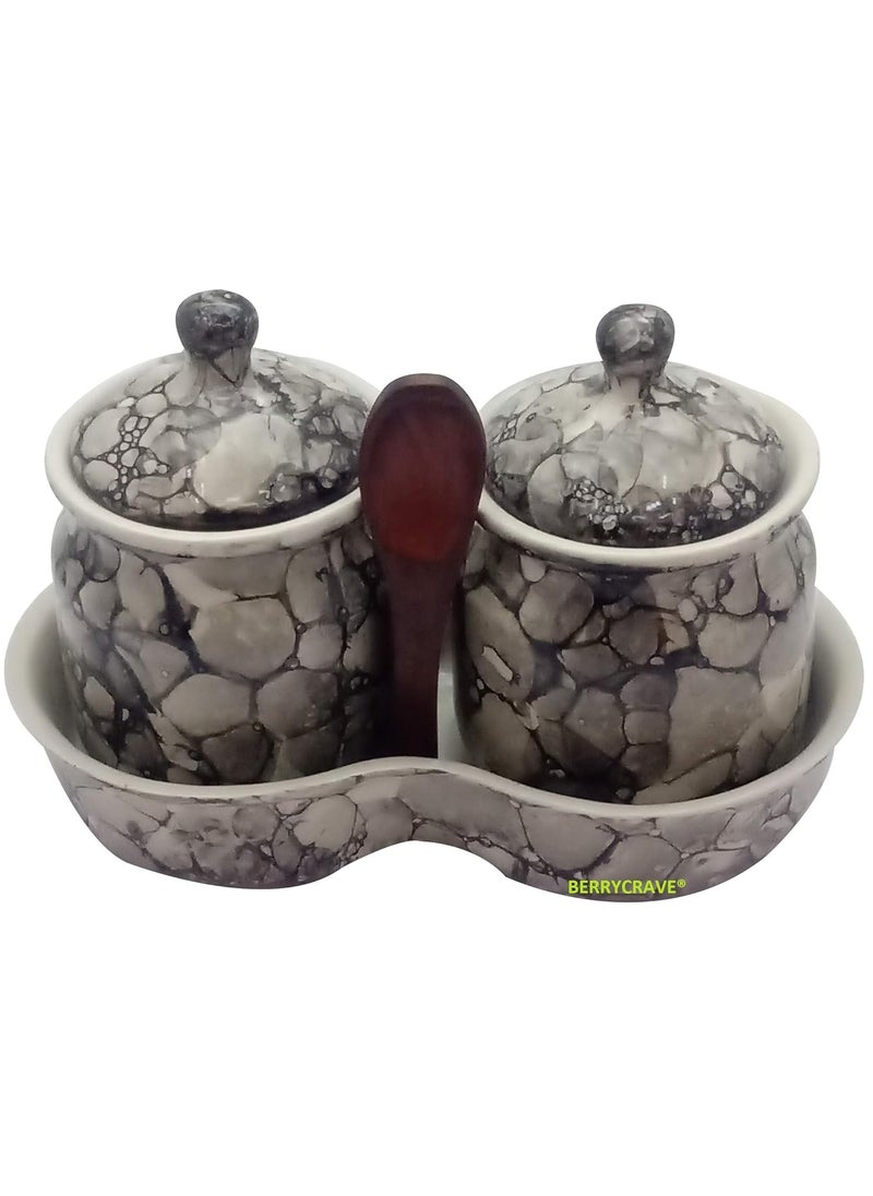 BERRYCRAVE BERRYCRAVE Two Ceramic Pickle Masala Jars Set with Tray a Wooden Spoon Dining Condiment Set General Containers General Storage Containers Black Lustre  - Image 1