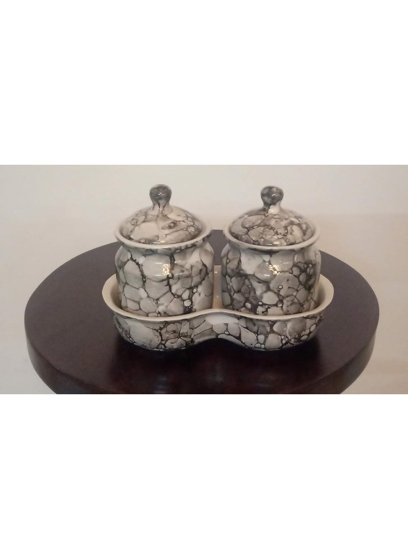 BERRYCRAVE BERRYCRAVE Two Ceramic Pickle Masala Jars Set with Tray a Wooden Spoon Dining Condiment Set General Containers General Storage Containers Black Lustre  - Image 4