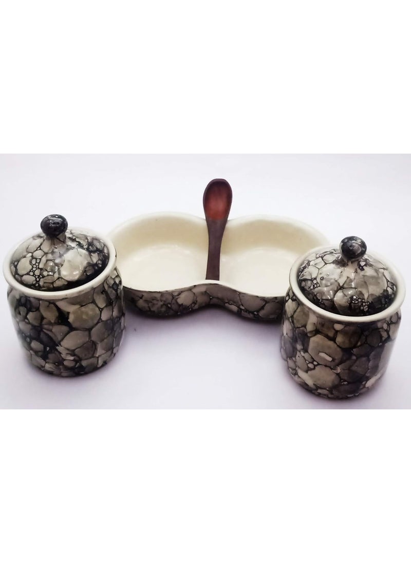 BERRYCRAVE BERRYCRAVE Two Ceramic Pickle Masala Jars Set with Tray a Wooden Spoon Dining Condiment Set General Containers General Storage Containers Black Lustre  - Image 3
