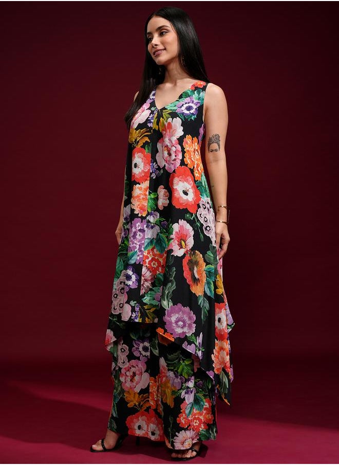 Vishudh - Floral Printed Sleeveless Tunic and Pants Co-Ords by Styli - Image 1