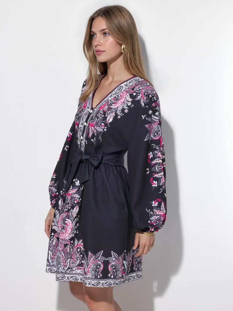 Jennyfer Belted Mini Dress with V-Neck in Paisley