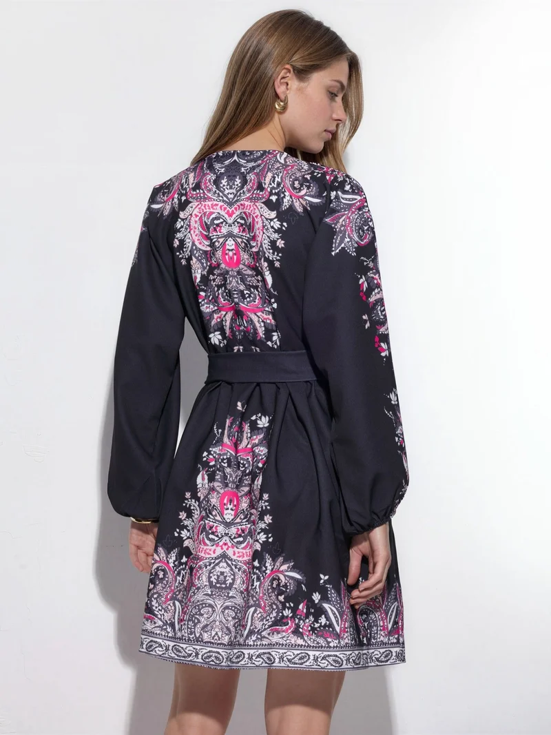 Jennyfer Black Belted Mini Dress with V-Neck in Paisley for Women | Best Price UAE