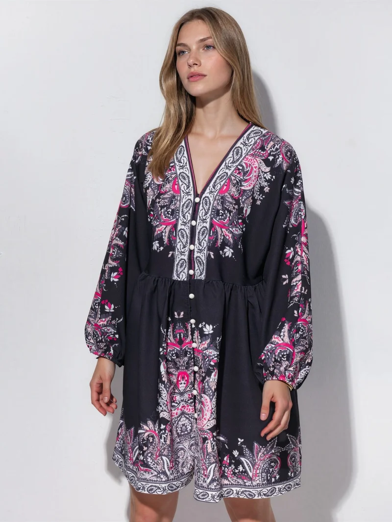 Jennyfer Black Belted Mini Dress with V-Neck in Paisley for Women | Best Price UAE