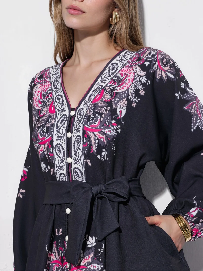 Jennyfer Black Belted Mini Dress with V-Neck in Paisley for Women | Best Price UAE