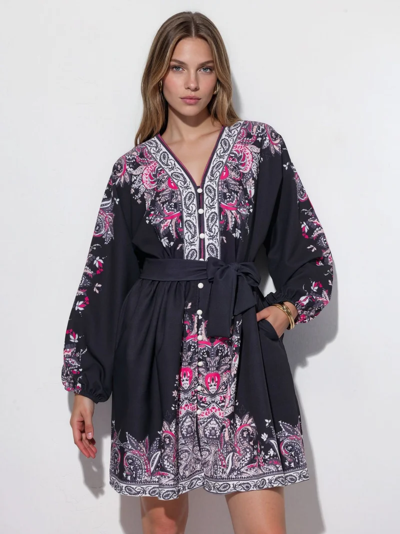 Jennyfer Belted Mini Dress with V-Neck in Paisley