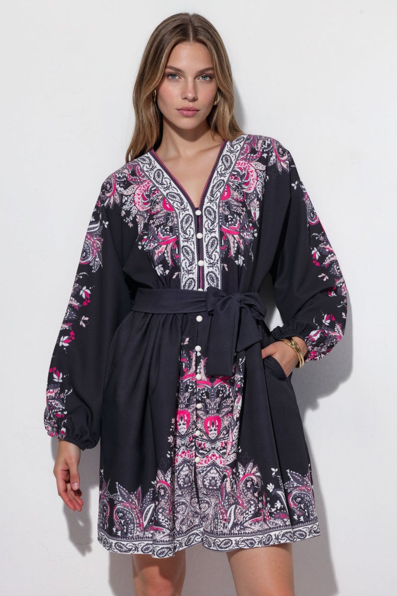 Jennyfer Belted Mini Dress with V-Neck in Paisley - Image 1
