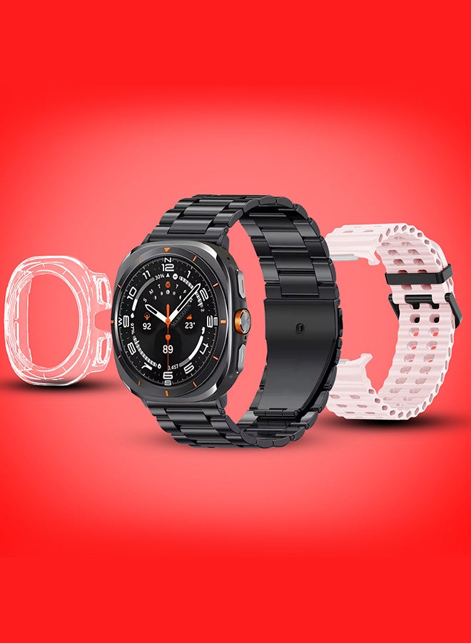 Kalobee حزمة ساعة SK7 الذكية الفائقة مع الملحقات بما في ذلك 1 حزام من الفولاذ المقاوم للصدأ الأسود 1 حزام سيليكون وردي وكابل شحن وحافظة واقية من TPU - Image 2