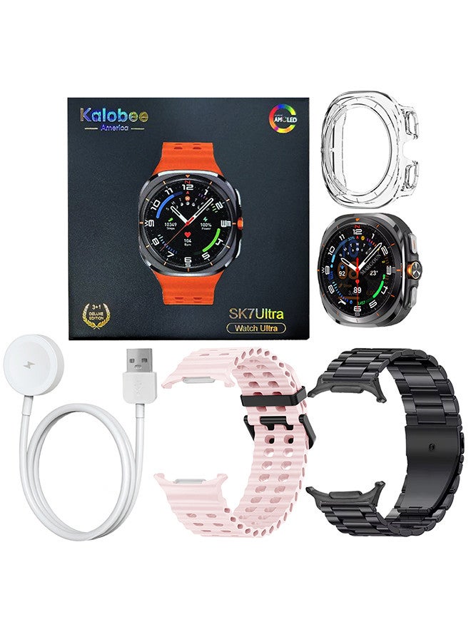 Kalobee حزمة ساعة SK7 الذكية الفائقة مع الملحقات بما في ذلك 1 حزام من الفولاذ المقاوم للصدأ الأسود 1 حزام سيليكون وردي وكابل شحن وحافظة واقية من TPU - Image 4