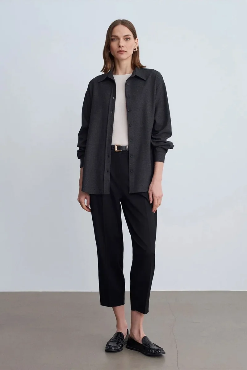 Dilvin Charcoal Grey DILVIN Oversized Long-sleeve Micro-pattern Shirt for Women | Best Price UAE