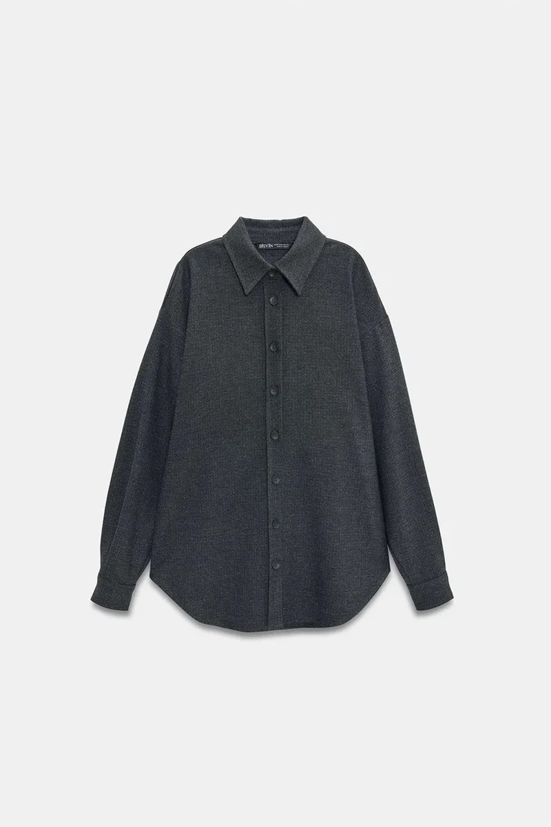Dilvin Charcoal Grey DILVIN Oversized Long-sleeve Micro-pattern Shirt for Women | Best Price UAE