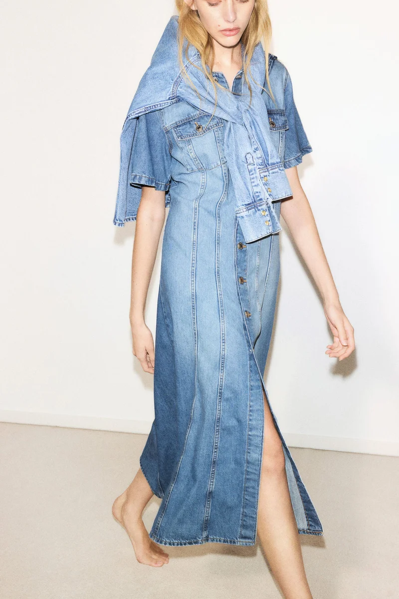 H&M Feather Soft Flared-skirt denim dress