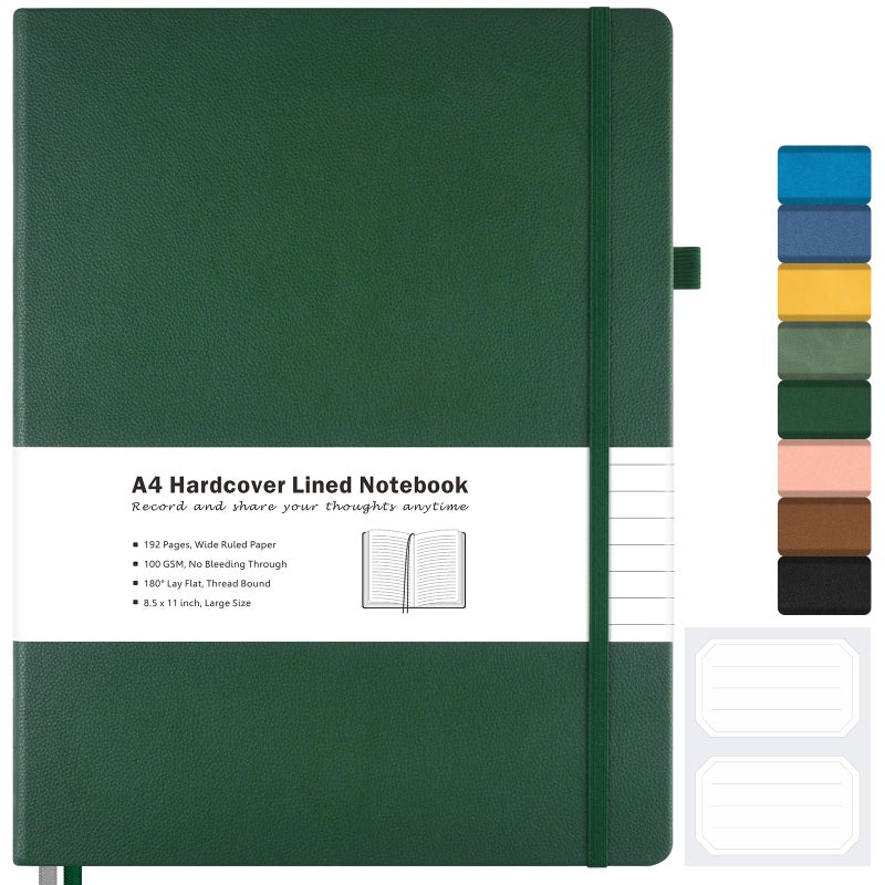 MaleDen Lined Journal Notebook  8.5"" X 11"" Hardcover Leather Notebook For Work  Wide Ruled Notebook Journal For Women Men  192 Thick Paper  Lay Flat  2 Pockets  A4 Large Journals For Writing  Green Notebook - Image 1