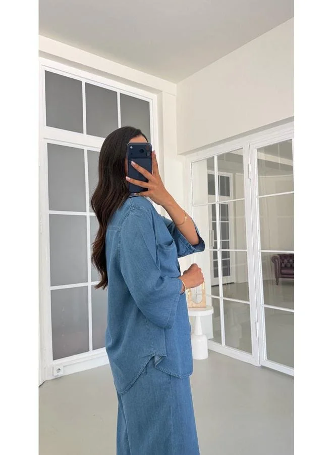 Gaus  Blue Shirt and Elastic Waist Pants Two-Piece Tencel Denim Suit GAUS-01791. for Women | Best Price UAE