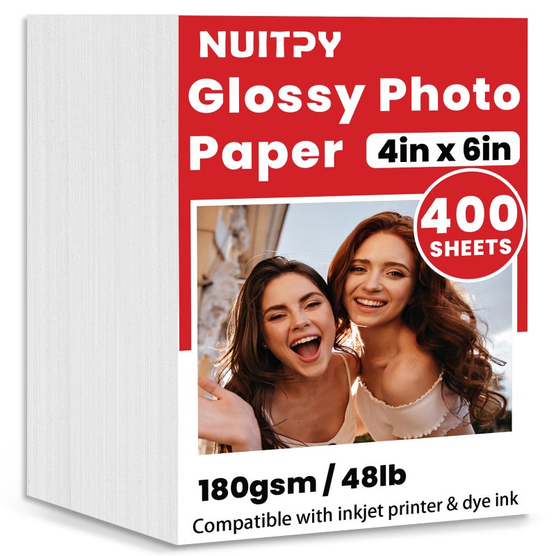 NUITPY 400 Sheets Glossy Photo Paper, 4in x 6in Inkjet Photo Printer Paper, Picture Paper for Photos, Calendars, Brochures, Cards, Menus(180gsm / 48lb) - Image 1
