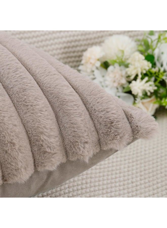 MADIZZ Set of 2 Faux Fur Plush Decorative Throw Pillow Covers 18x18 Inch Taupe Fluffy Striped Soft Decorative Cushion Cover for Sofa Bedroom Pillow Shell - Image 5