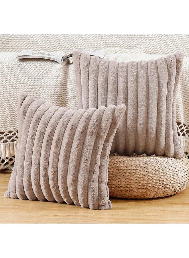MADIZZ Set of 2 Faux Fur Plush Decorative Throw Pillow Covers 18x18 Inch Taupe Fluffy Striped Soft Decorative Cushion Cover for Sofa Bedroom Pillow Shell - Image 1