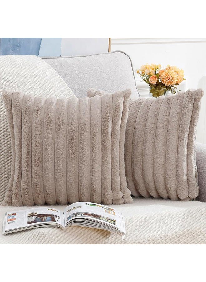MADIZZ Set of 2 Faux Fur Plush Decorative Throw Pillow Covers 18x18 Inch Taupe Fluffy Striped Soft Decorative Cushion Cover for Sofa Bedroom Pillow Shell - Image 2
