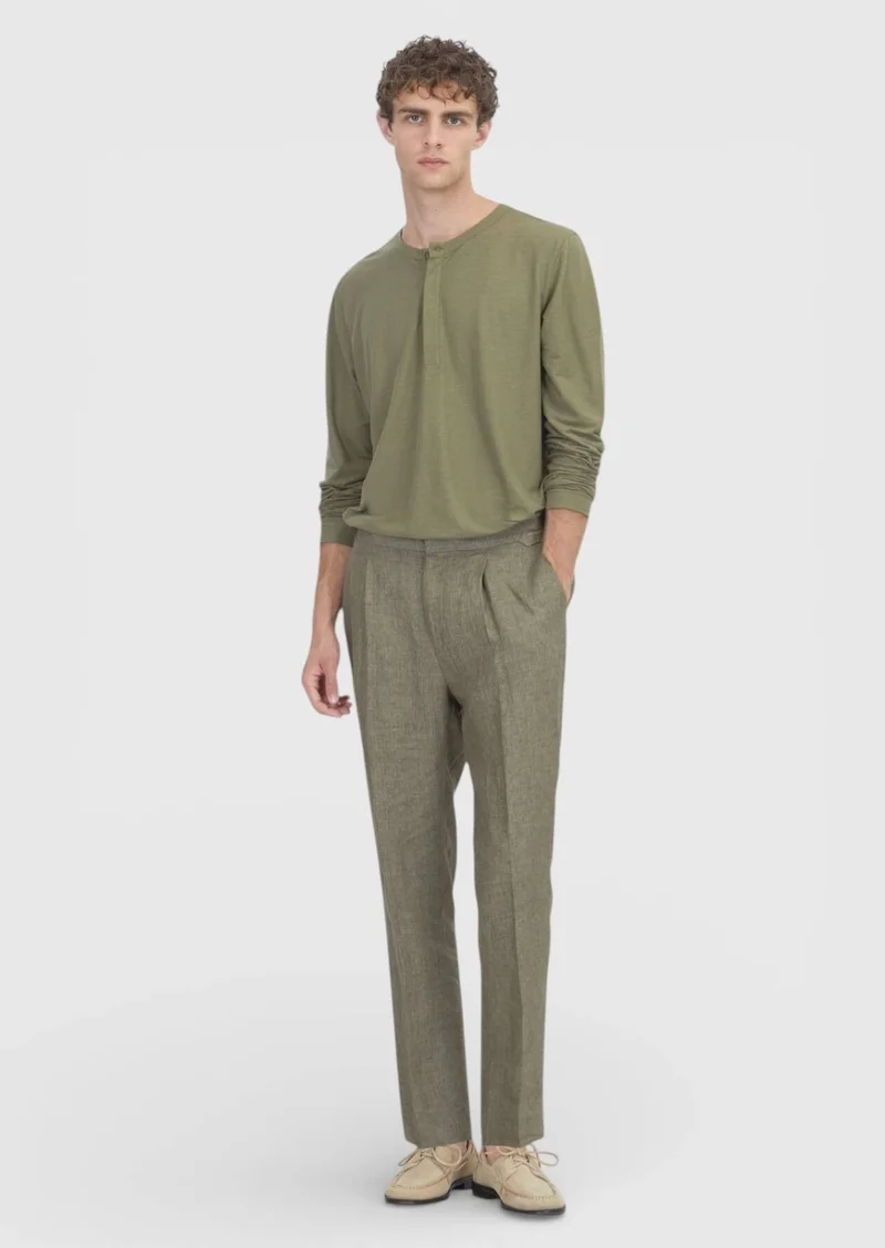 Ramsey Khaki Weaving Regular Fit Casual 100% Linen Trousers