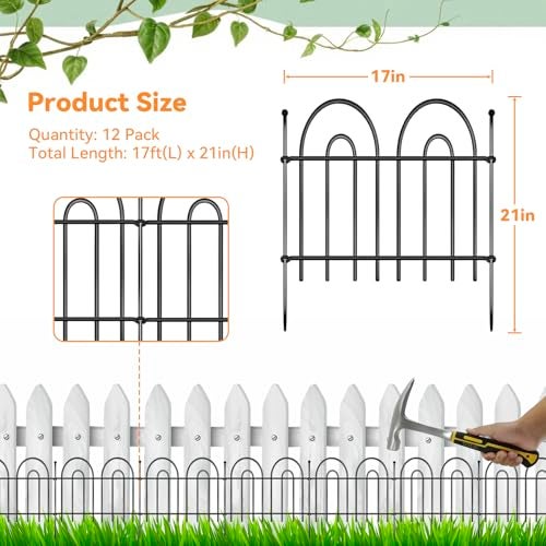 Iriisy 12 Pack Animal Barrier Fence 17ftL x 21inH No Dig Garden Fence Panels with Decorative Arch Design for Dogs Rabbits Rustproof Metal Garden Fencing for Outdoor Lawn Patio - Image 3