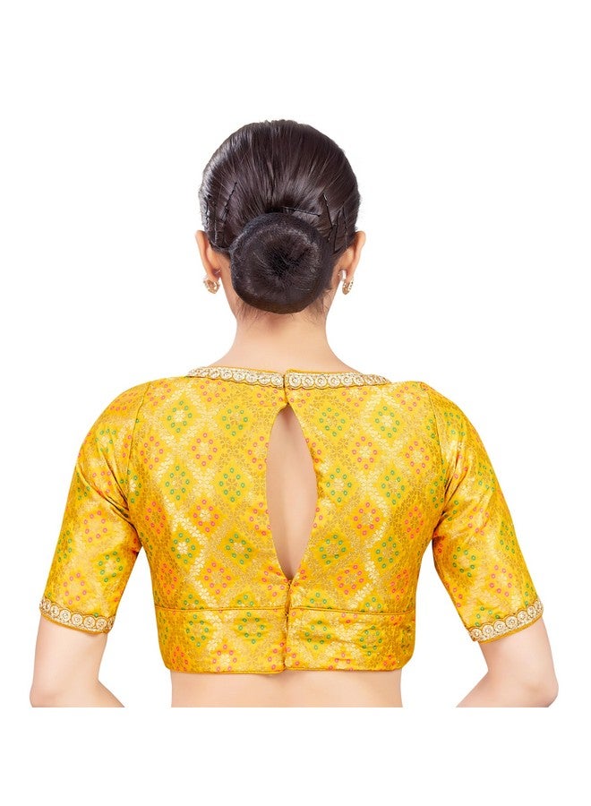 Studio Shringaar Women's Brocade Elbow Length Sleeves Readymade Embroidered Saree Blouse (Yellow, 34) - Image 2