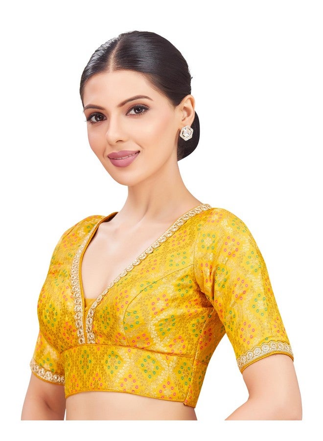 Studio Shringaar Women's Brocade Elbow Length Sleeves Readymade Embroidered Saree Blouse (Yellow, 34) - Image 3
