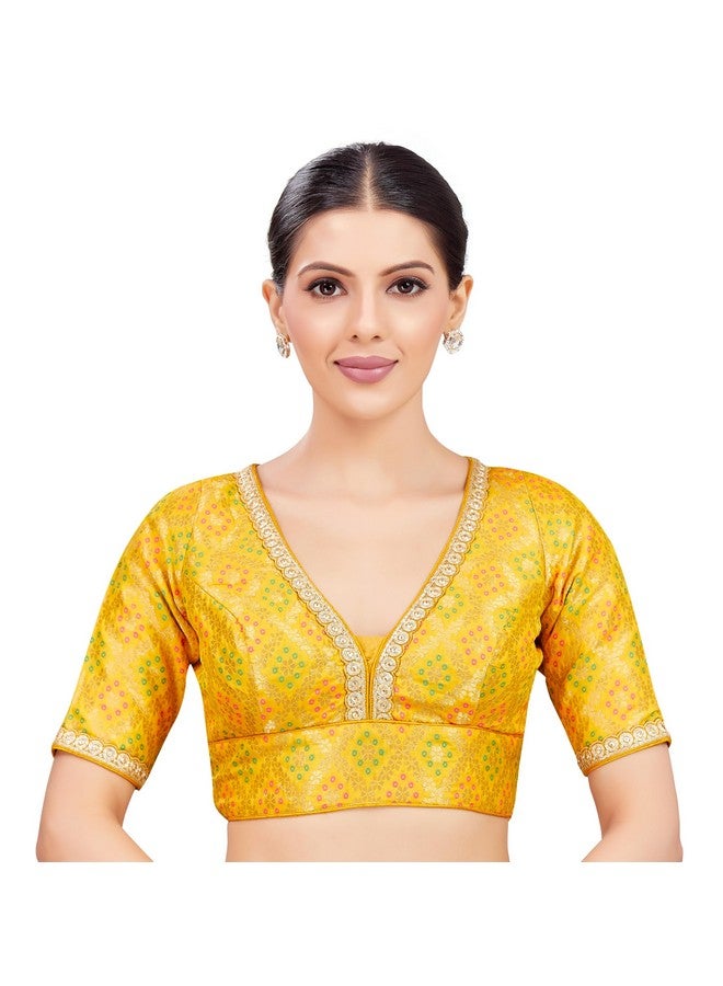Studio Shringaar Women's Brocade Elbow Length Sleeves Readymade Embroidered Saree Blouse (Yellow, 34) - Image 1