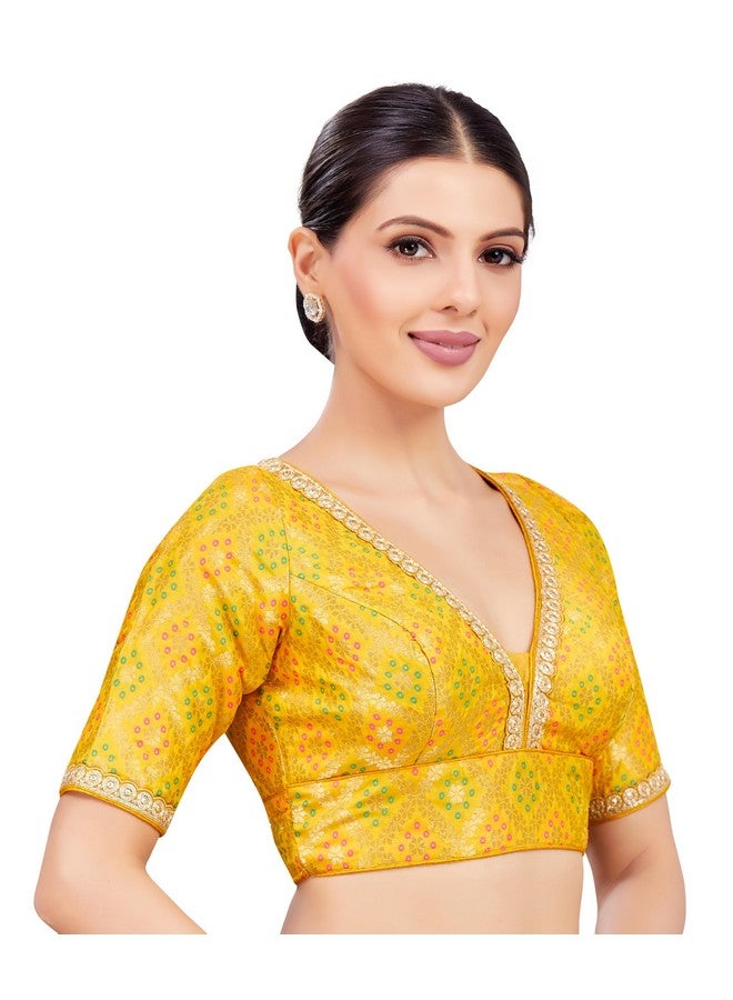 Studio Shringaar Women's Brocade Elbow Length Sleeves Readymade Embroidered Saree Blouse (Yellow, 34) - Image 4