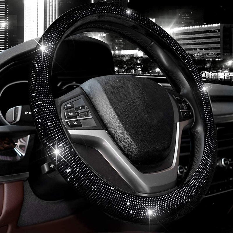 Valleycomfy Steering Wheel Cover for Women Men Bling Bling Crystal Diamond Sparkling Car SUV Wheel Protector Universal Fit 15 Inch (Black with Black Diamond, Standard Size(14" 1/2-15" 1/4)) - Image 1