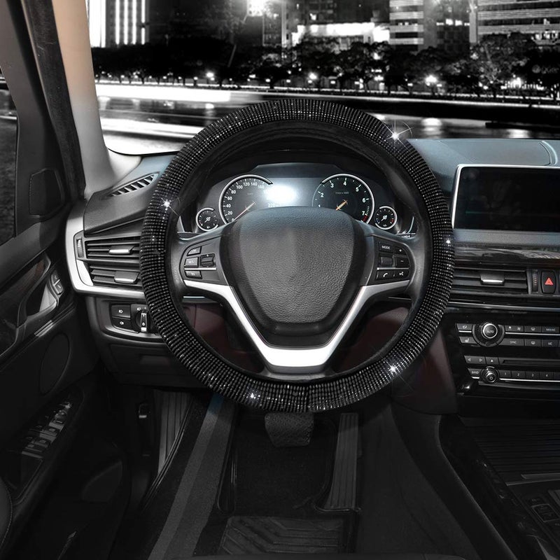 Valleycomfy Steering Wheel Cover for Women Men Bling Bling Crystal Diamond Sparkling Car SUV Wheel Protector Universal Fit 15 Inch (Black with Black Diamond, Standard Size(14" 1/2-15" 1/4)) - Image 3