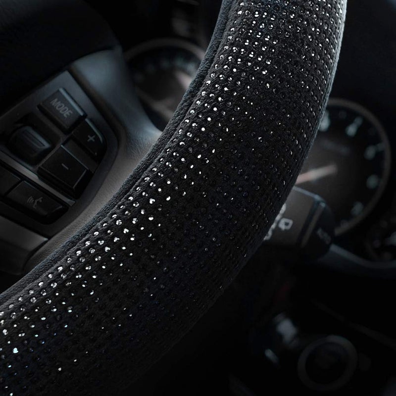 Valleycomfy Steering Wheel Cover for Women Men Bling Bling Crystal Diamond Sparkling Car SUV Wheel Protector Universal Fit 15 Inch (Black with Black Diamond, Standard Size(14" 1/2-15" 1/4)) - Image 4