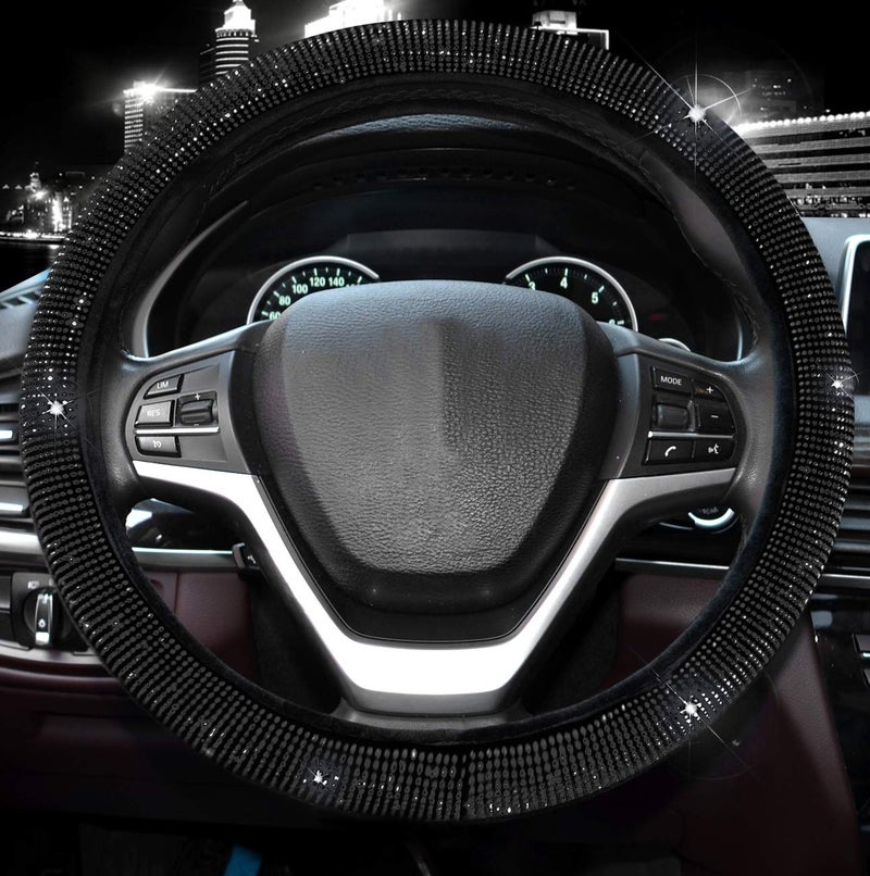 Valleycomfy Steering Wheel Cover for Women Men Bling Bling Crystal Diamond Sparkling Car SUV Wheel Protector Universal Fit 15 Inch (Black with Black Diamond, Standard Size(14" 1/2-15" 1/4)) - Image 2