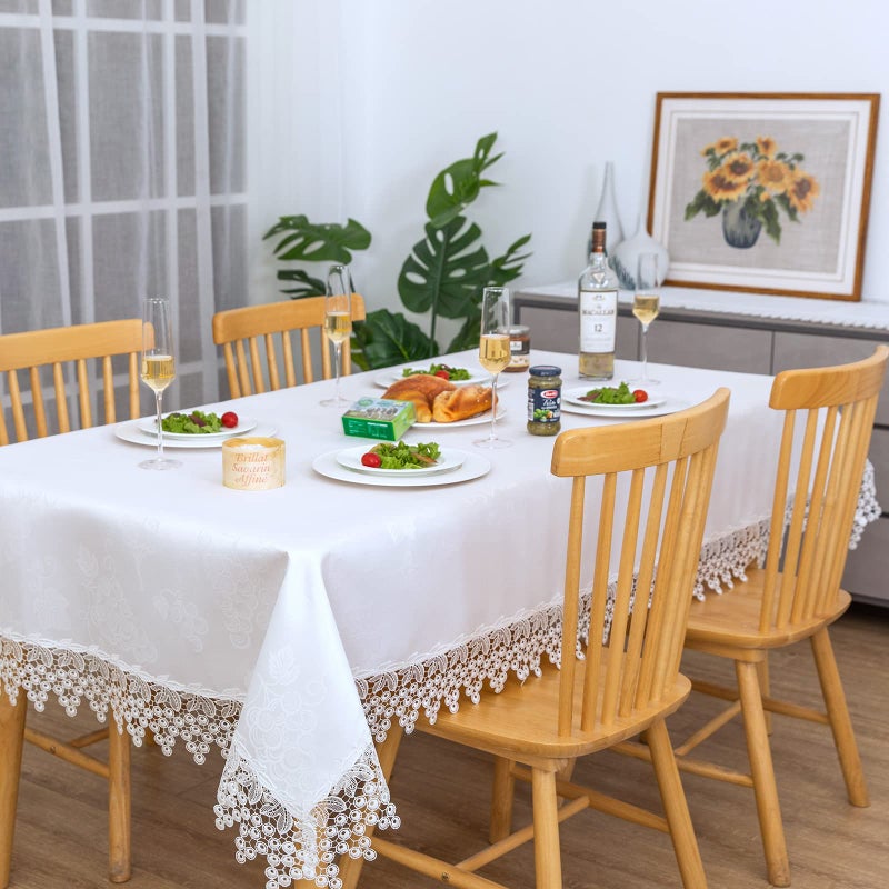 BrekSdat White lace Premium Rectangle Farmhouse Tablecloth Waterproof OilProof SpillProof AntiShrink Soft Wrinkle Resistant Decorative Fabric Table Cover Kitchen Dinning Party Wedding Banquet