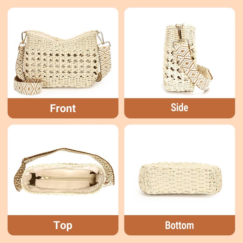 Herald Small Summer Crossbody Bags for Women, Beach Handmade Straw Woven Pocketbooks Handbag Shoulder Purse (Hollow Out Beige) - Image 5